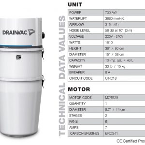 Cyclonik Central Vacuum – 700 AW with foam filter